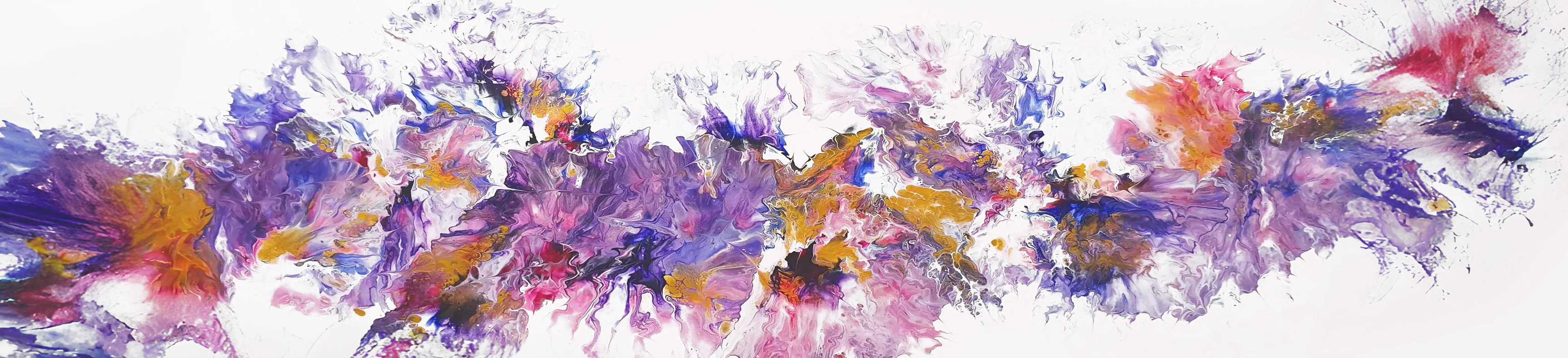 An abstract painting with purple, red and yellow paint, entitled Flamenco